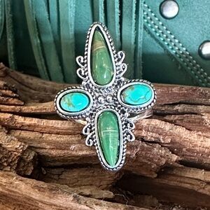 🌵 Turquoise Silver Tone Statement Ring Cross Design Boho Western NWT